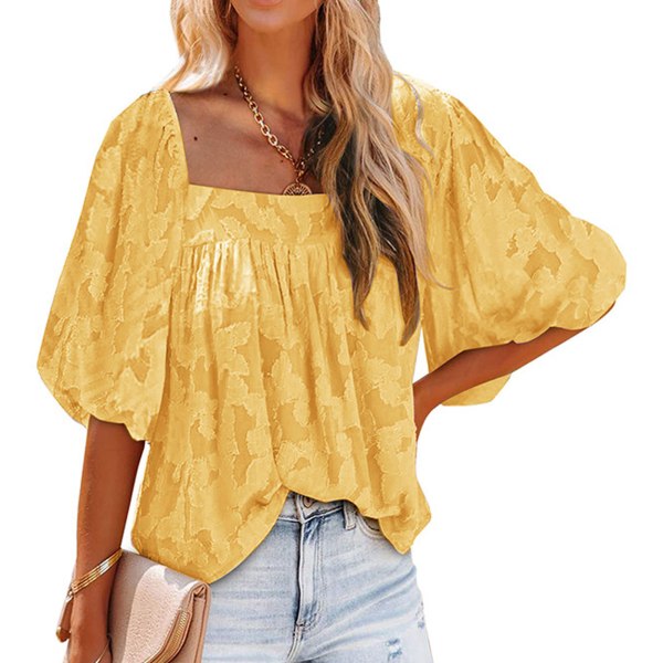 Puff Sleeve Top Polyester Fiber Elegant Soft Breathable Floral Pattern Square Neckline Top for Women Yellow L