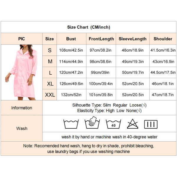 Women V Neck Nightshirt Pure Color Stylish Elegant Button Closure Nightgown Pajama Dress with Pocket Pink S