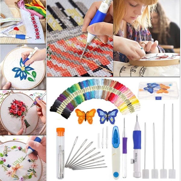 Anpassningsbart broderikit, magisk broderipenna med punch needles för detaljerat hantverk, 14 count vit bomull klassisk Aida-väv, ergonomisk