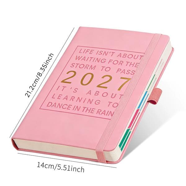 2027 Engelsk version indbundet planlægger, 365-dages tidsstyring og selvdisciplin check-in planlægger (pink)