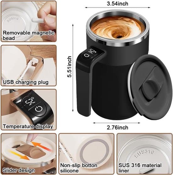 Automatic Coffee Stirrer - 400 ml, with Temperature Display - Mug - Automatic Stirrer with Lid - Stainless Steel - Suitable for Coffee and Other Beverages