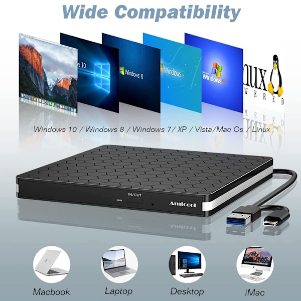 Extern Blu Ray Cd Dvd-enhet, 5-i-1-enhet för Mac Os Windows10/8/7 Linux, Portabel för organisering, Bred kompatibilitet, Plug and Play, Eftermarknad