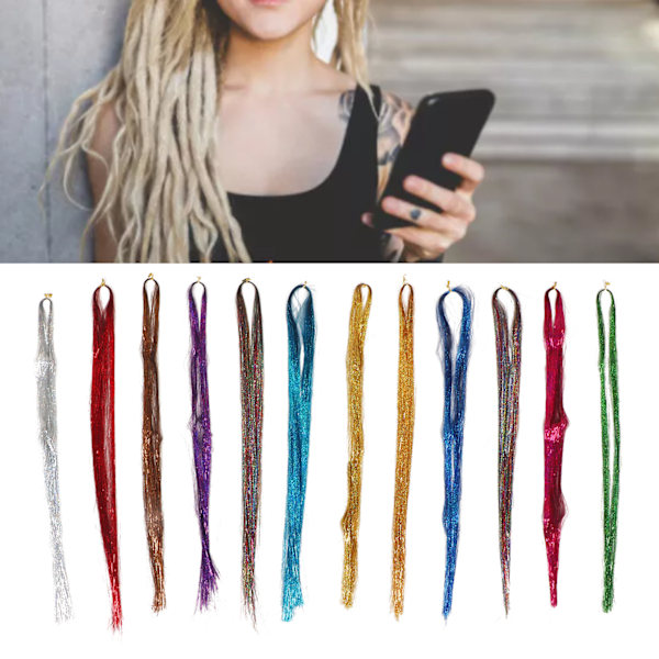 12 Colors Hair Tinsel Strand Glittering Shiny Sparkling Heat Resistant Hair Extensions Tinsel