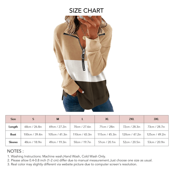 Dame Halv Zip Lapel Sweatshirt Casual Langærmet Løs Trøje Top til Daglig Brug Khaki M