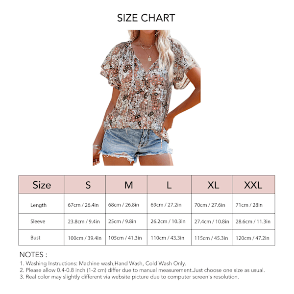 Women Printed Blouse Button Up Short Sleeve V Neck Casual Stylish Print Blouse for Work Daily Party Khaki S