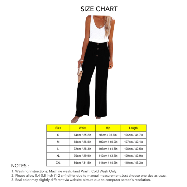 Women Wide Leg Trousers Button Trim Pants High Waist Back Elastic Waistband Casual Bottoms for Daily Life Holiday Date Black S