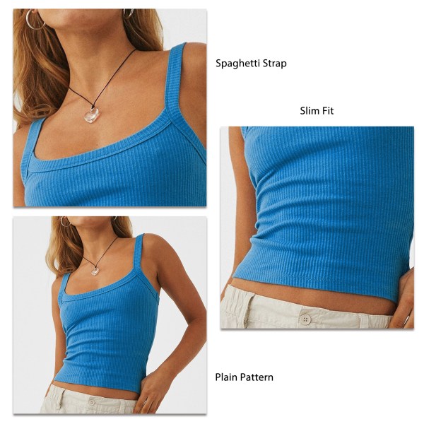 Women Tank Top Spaghetti Strap Sleeveless Slim Fit Plain Pattern Breathable Cool Cropped Tank Top Blue XL