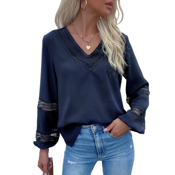 Blouse Long Sleeve Lace Stitching V Neck Pure Color Fashionable Casual Tops for Women Purplish Blue L