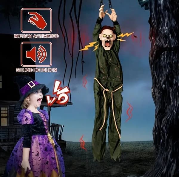 Halloween Decoration - Hanging Ghost & Pumpkin, Battery-Powered with Vibration, Sound & Light, Creates Spooky Haunted House Atmosphere