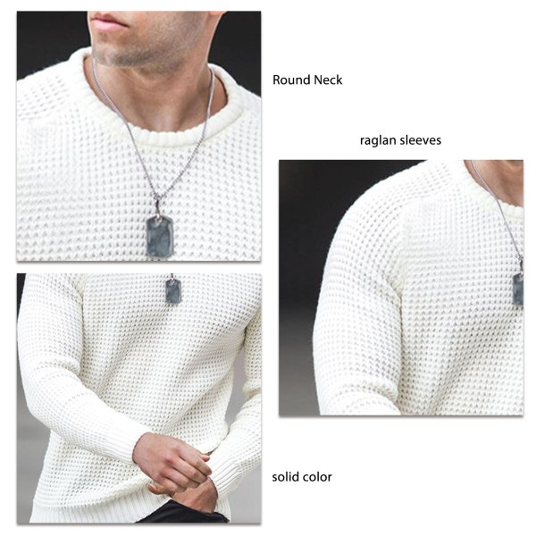 Sweater Round Neck Long Raglan Sleeves Solid Color Casual Comfortable Men Pullover White L