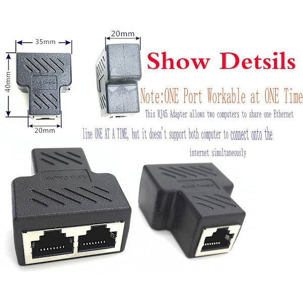 Ethernetportförlängare, RJ45 Splitter Adapter &amp; Guldpläterad kärna, Dubbel hona port nätverkssplitter för kabelmodemkompatibilitet, Svart,