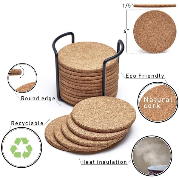 Miljövänliga Korkunderlägg, Värmebeständiga Återanvändbara Skyddsunderlägg för Soffbord, 4\" Diameter, Absorberande och Halkfria Dryckesunderlägg med