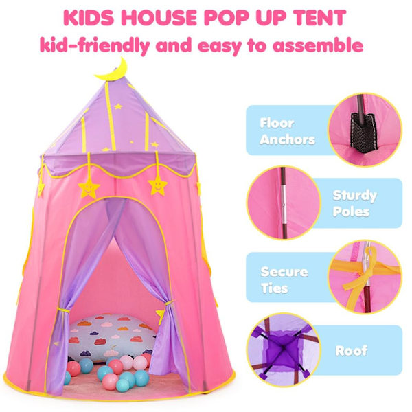 Bärbart Pop Up-tält för barn, Prinsesslekslott med högkvalitativt tyg, Vattenresistent och ventilationsnätfönster, Bästa presenter och spel