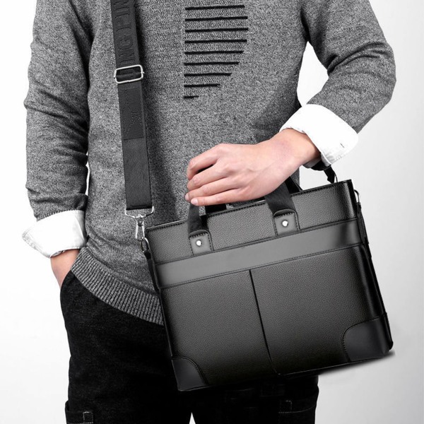 Men Shoulder Bag PU Leather Adjust Strap Large Capacity Exquisite Sewing Business Briefcase for Office Black Universal