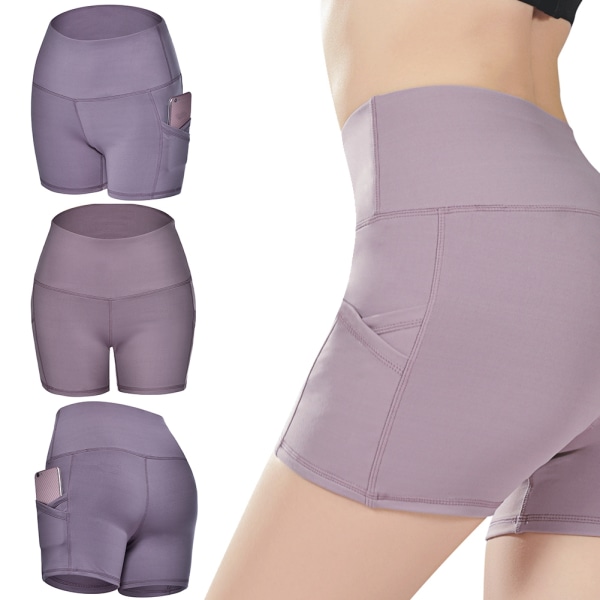 Elastiska sportbyxor med hög midja för kvinnor andas shorts för yogalöpning (lila XXL)