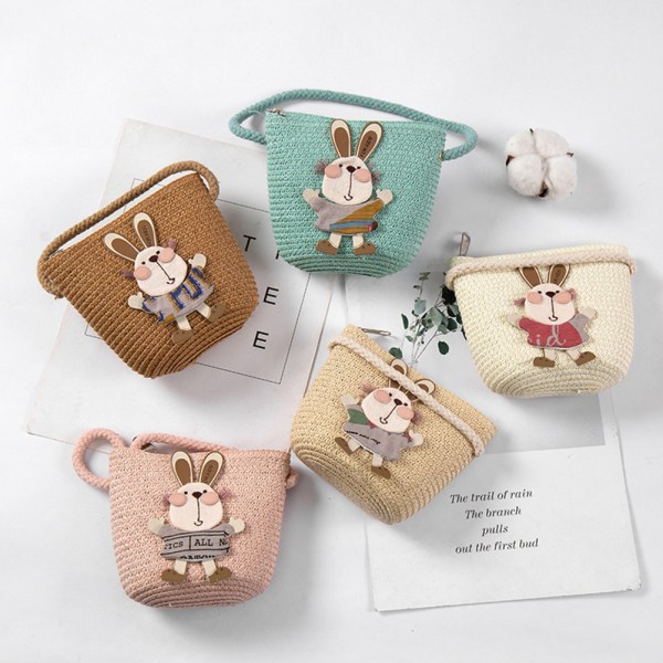 Kids Summer Cartoon Rabbit Straw Messenger Bags Mini Beach Bag