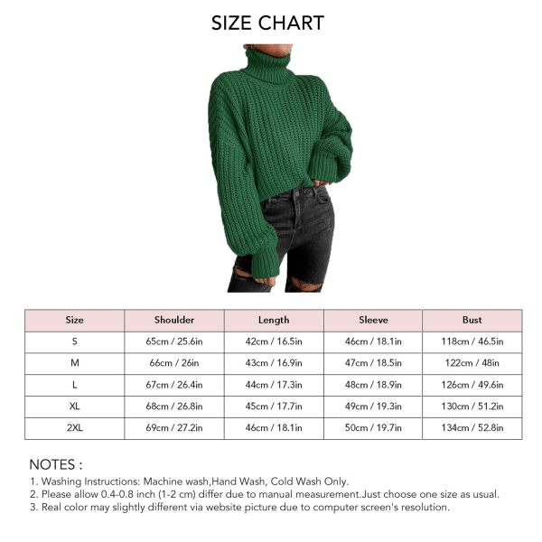 Knitted Sweater High Collar Drop Shoulder Long Sleeve Pullover Casual Sweater for Women Green L