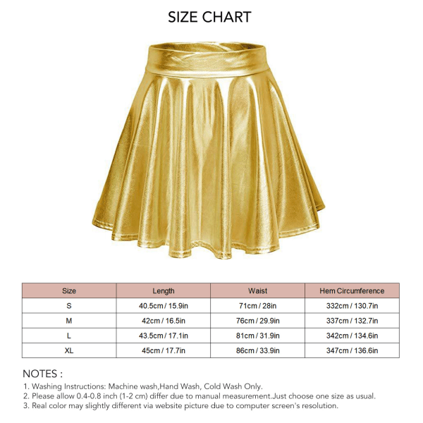 Blank glänsande veckad kjol A-linje enfärgad metallisk glänsande midjekjol för scenframträdande gyllene L
