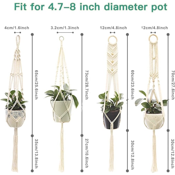 Boho Charm, Handgjorda Makramé Växthängare, 4-pack Slitstarka Växtkorgar i Bomullsrep för Inomhusbruk, Perfekt för Utrymmesbesparande Trädgårdsinredning