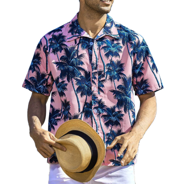 Men Short Sleeve Shirt Hawaiian Coconut Printed Tropical Beach Button Front Vintage Turn Down Collar Shirt Pink L