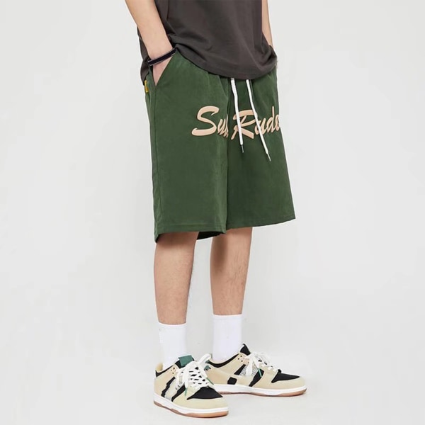 Herr Sports Shorts Bred Ben Straight Tube Lös Passform Casual Hip Hop Mode Tryckt Sommarkläder Grön L