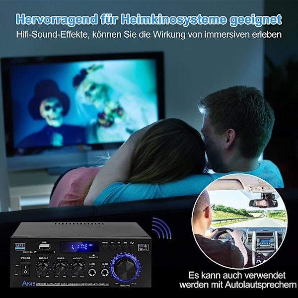 Trådlös Bluetooth-effektförstärkare för inom- och utomhusbruk, stereo-ljudförstärkare med FM-radio, USB SD-kortingång, flera ingångsalternativ inklusive