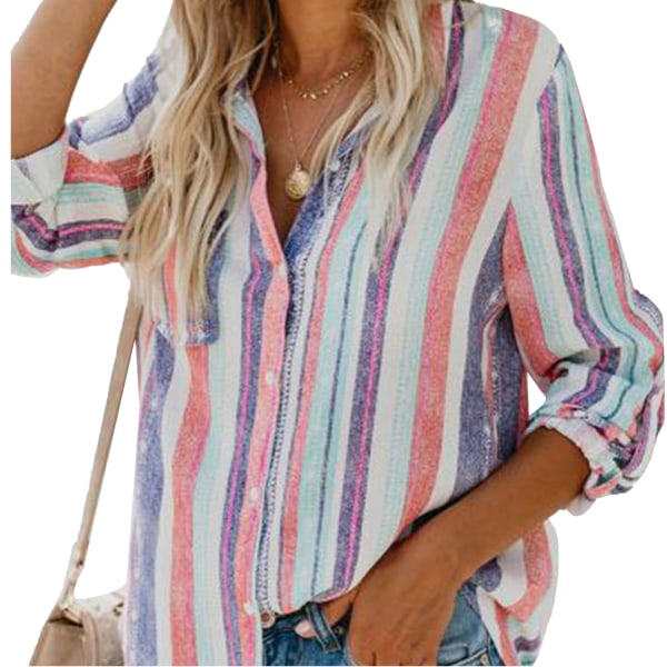 Vertical Striped Shirt Women Striped Lapel Long Sleeve Single Breasted Breathable Polyester Fiber Striped Blouses for Daily Blue M