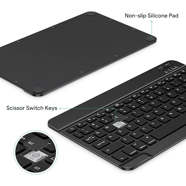 Kompakt Bakgrundsbelyst Bluetooth-tangentbord, Korskompatibelt Ultra Slim Portabelt Trådlöst Tangentbord för iOS, Android, Windows-enheter, 7-Färgs LED-Bakgrundsbelysning