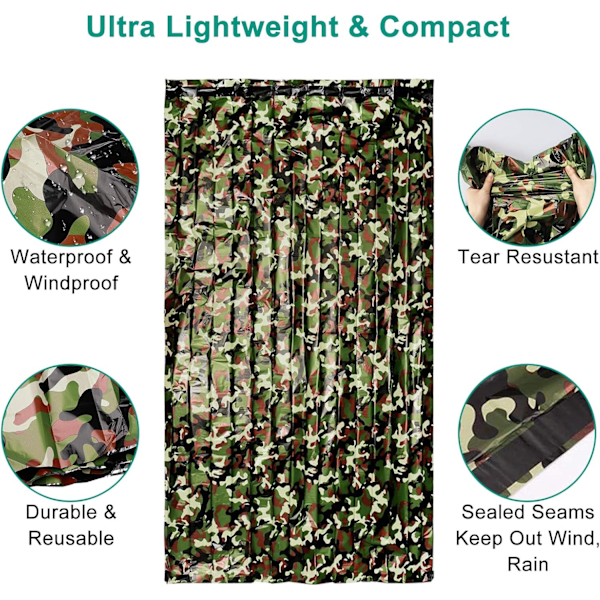 Bärbar Nödfilt, Multicam/Woodland Termisk Bivy Sack, Vindtäta Överlevnadssovsäckar för Utomhuscamping, Jakt, 2-delars Set