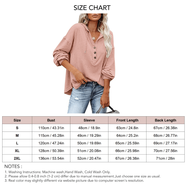 Blouse Long Sleeve V Neck Button Pure Color Casual Fashionable Hooded Tops for Women Pink L