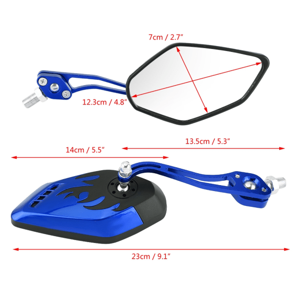 1 par 8mm 10mm Universal Motorsykkel Scooter Aluminium Flammemønster Bakre Speil Blå