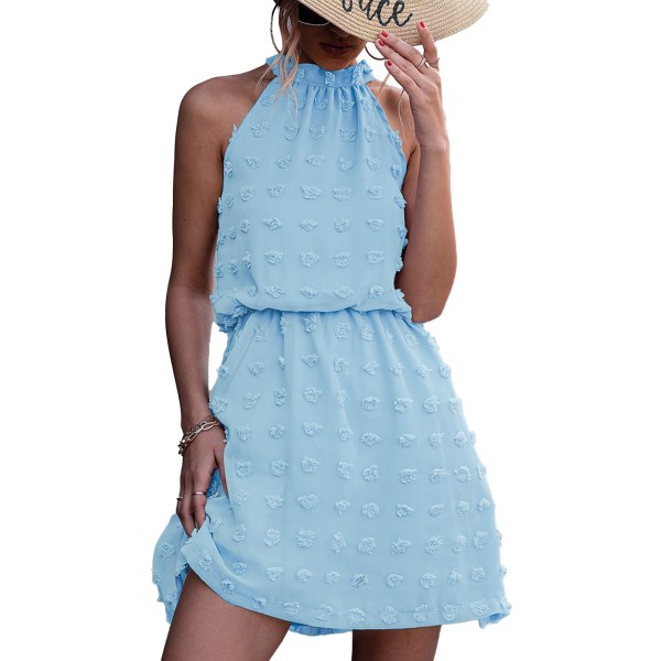 Women Short Dress Sleeveless Halter Neck Swiss Dot Breathable Summer Short Dress Light Blue XL
