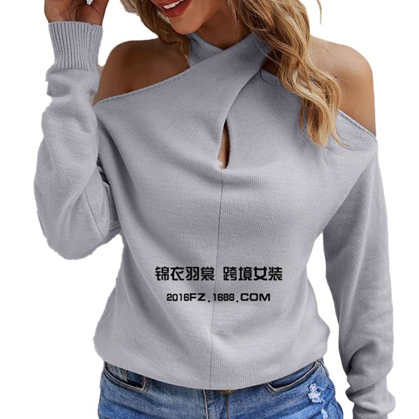 Dame V-hals Sweater Cold Shoulder Sweater Casual Drop Shoulder Sweater Løs Strik Langærmet Pullover Grå M