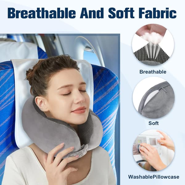 Memory Foam Travel Pillow, Adjustable & Compact Airplane Pillow, Ergonomically Designed, Includes Earplugs, Eye Mask & Storage Bag.