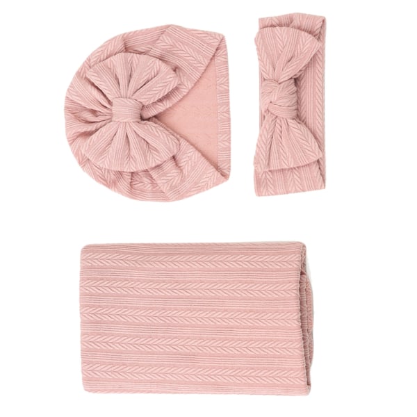 3pcs Receiving Blanket Headband Set Cotton Polyester Wheat Texture Pure Color Stretch Wrap Swaddle Blanket Pink