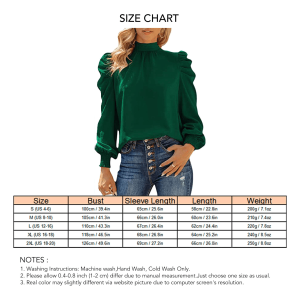 Women Long Puff Sleeve Tops Shirt Fashionable Elegant Loose Casual Pure Color High Neck Blouse for Work Green XL