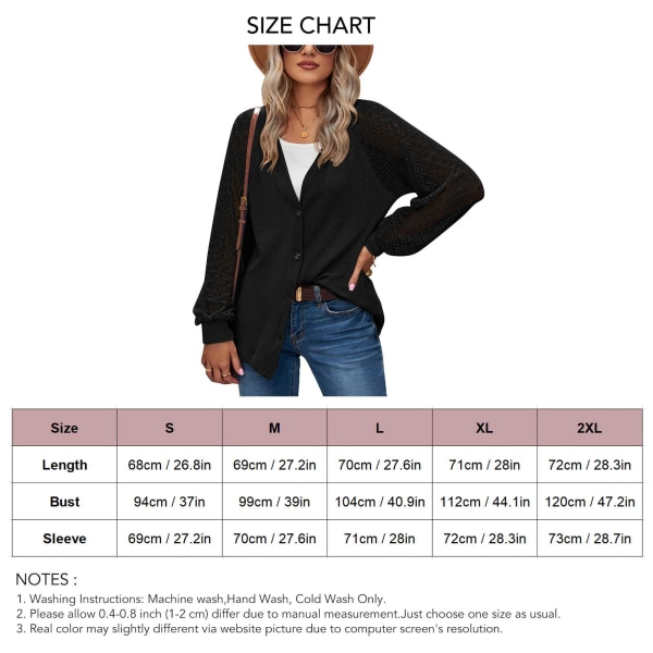 Women Cardigan Lantern Long Sleeve Lace Splicing Single Row Button V Neck Loose Top for Early Autumn Black XXL