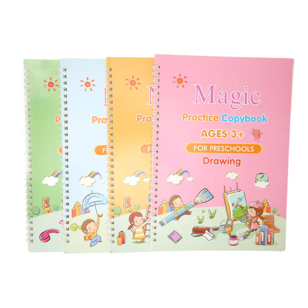 4 Packs Kids Practice Copybook Auto Ink Fading 3D Grooved