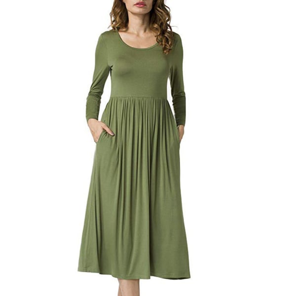 Dress Long Sleeve Round Neck Pure Color Flowy Swing Hem Comfortable Dress for Women OD Green M