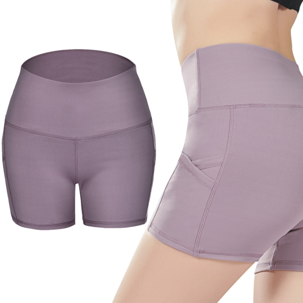 Elastiska sportbyxor med hög midja för kvinnor andas shorts för yogalöpning (lila XXL)