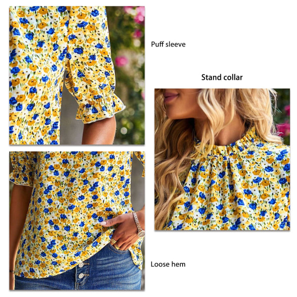 Kvinde Bluse Blomster Print Flæse Trim Ståkrave Kort Puff Ærme Åndbar Elegant Sommer Skjorte Gul L