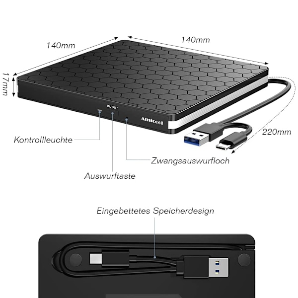 Extern Blu Ray Cd Dvd-enhet, 5-i-1-enhet för Mac Os Windows10/8/7 Linux, Portabel för organisering, Bred kompatibilitet, Plug and Play, Eftermarknad