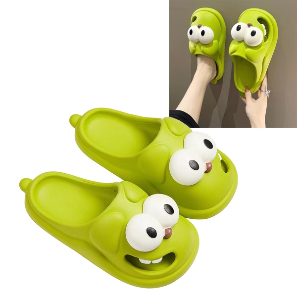Women Flat Slippers Cute Cartoon Dog Look Round Head Soft Comfortable Female Sandals for Home Beach Holiday Green 38 to 39