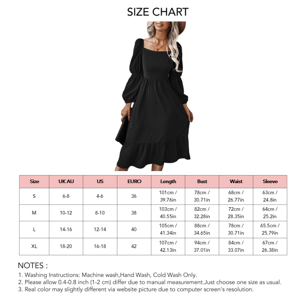 Women Lantern Sleeves Dress Square Neck Elastic Back Ruffle Stitching Pure Color A Line Casual Flowy Dress Black M