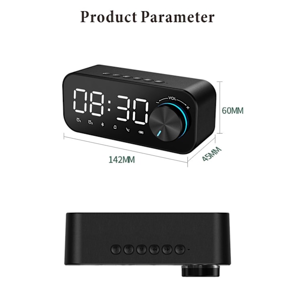 Mångsidig Bluetooth Högtalare Väckarklocka, Stor LED Spegeldisplay, Dubbla Alarm för Vardagar Helger, Snooze-funktion, Hifi Stereo Bas, Batteri