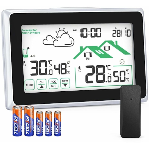 Trådlös väderstation, högprecisionssensor inomhus utomhus termometer hygrometer för väderprognoser i realtid, batteridriven pekskärm