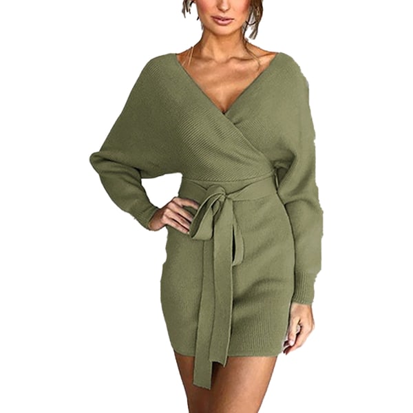 Women V Neck Wrap Knit Dress Long Batwing Sleeve Backless Mini Sweater Dress with Belt for Party Club Dating Holiday Green M