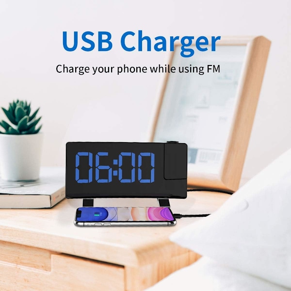 Väckarklocka med progressivt ökande ringsignal, batteribackup, stilren böjd design, dubbla alarm och USB-laddningsport för djupsömnare