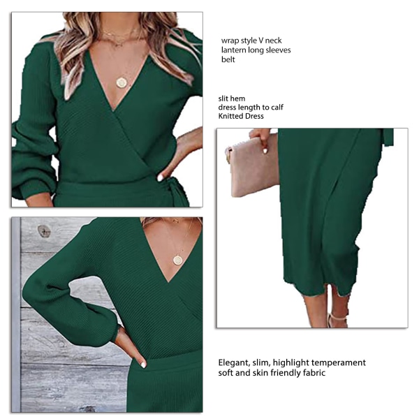 Women's Long Dress Elegant V Neck Long Sleeve Pure Color Slit Hem Knitted Dress with Belt Green M