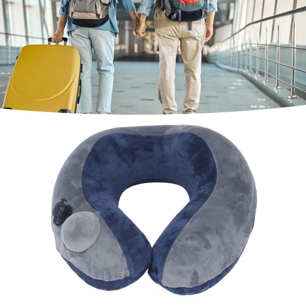 Selvoppblåsbar reisepute U-formet bærbar nakkestøtte for å sove Napping Mørkeblå med grå